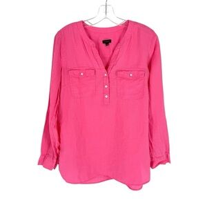Talbots Linen Blouse Womens Size Medium Pink V-Neck Popover Roll Tab Sleeves